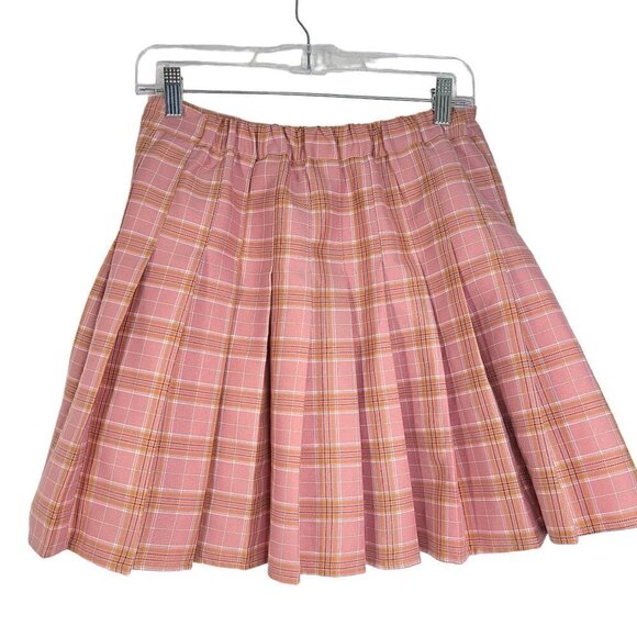 Women's Peach Plaid Pleated Japan School Girl Circle Skater Skirt w/ Shorts - Picture 3 of 6